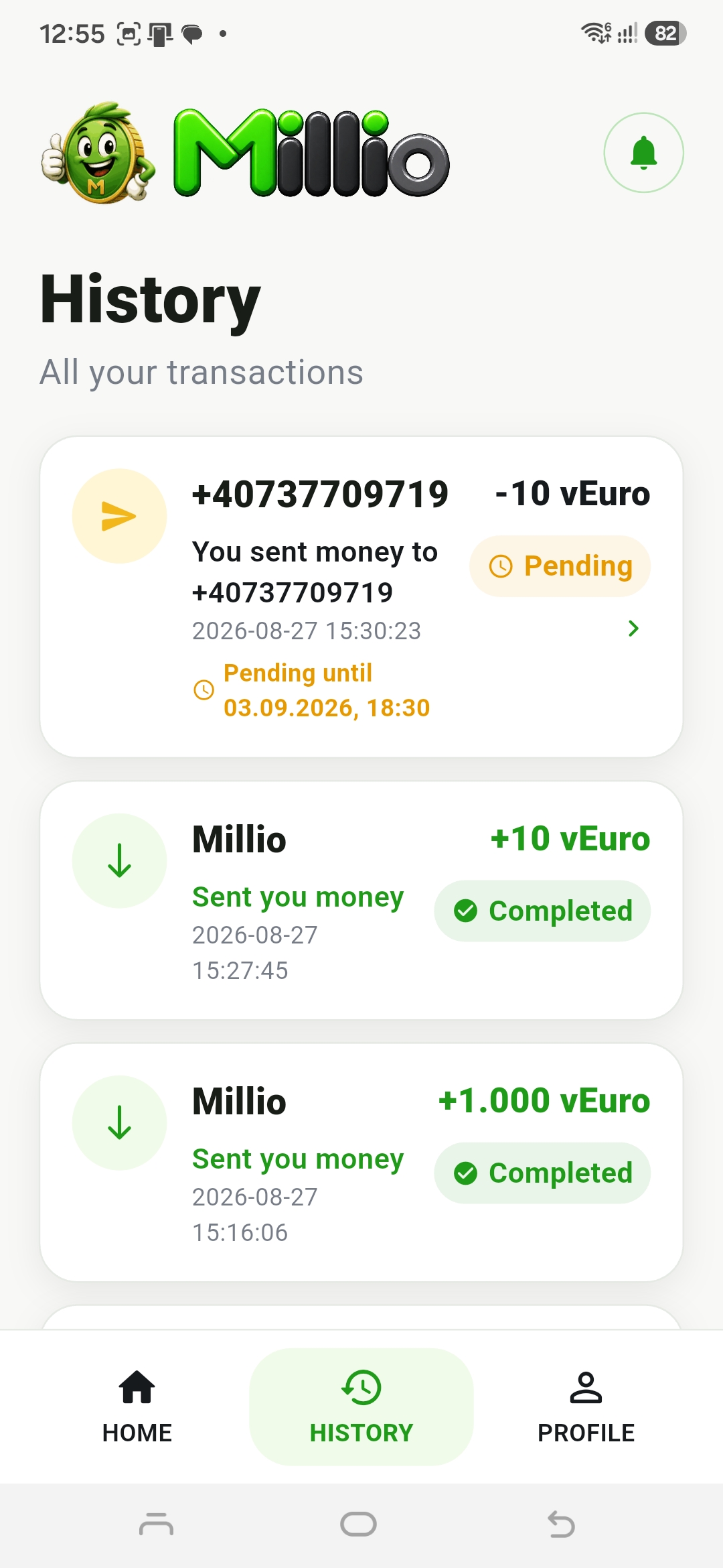 Millio transaction history